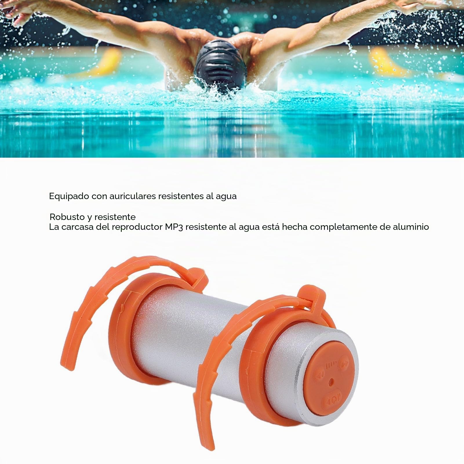 IPX8 Player MP3 Impermeable para Natación, Memoria de 8 GB, Reproducción de 8 H, Incluye Auriculares Impermeables, Concha de Aluminio, para Bucear, Correr, Surf, Deportes (Silver)