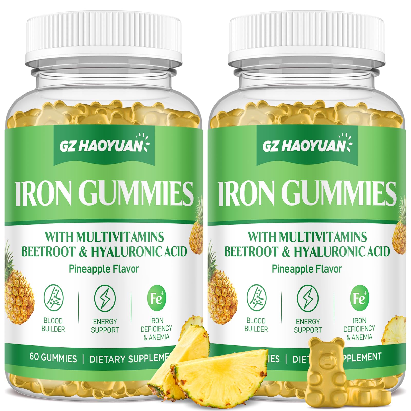 Iron Gummies with Multivitamin, Iron Supplement Gummies for Women & Men with Vitamin B Complex & C, Folate for Kids & Adults - Blood Builder, Energy, Iron Deficiency & Anemia Support Pineapple 120 ct Pineapple 60 Count (Pack of 2)