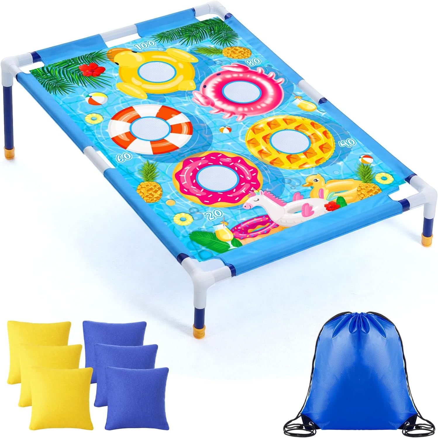Bean Bag Toss Game for Kids, Summer Outdoor Portable Cornhole Set with Bean Bags, Toddler Indoor Toys, Yard Toss Games for Boys Girls Camping Family Fun Swimming Ring Pattern