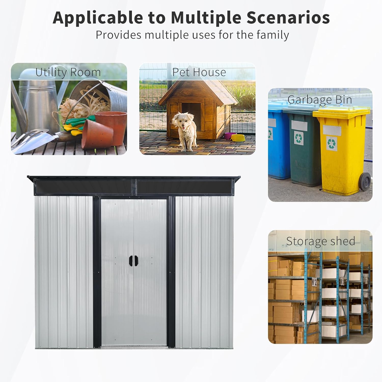 Diagram showing multiple scenarios for shed use: Utility Room, Pet House, Garbage Bin storage, and general Storage Shed.