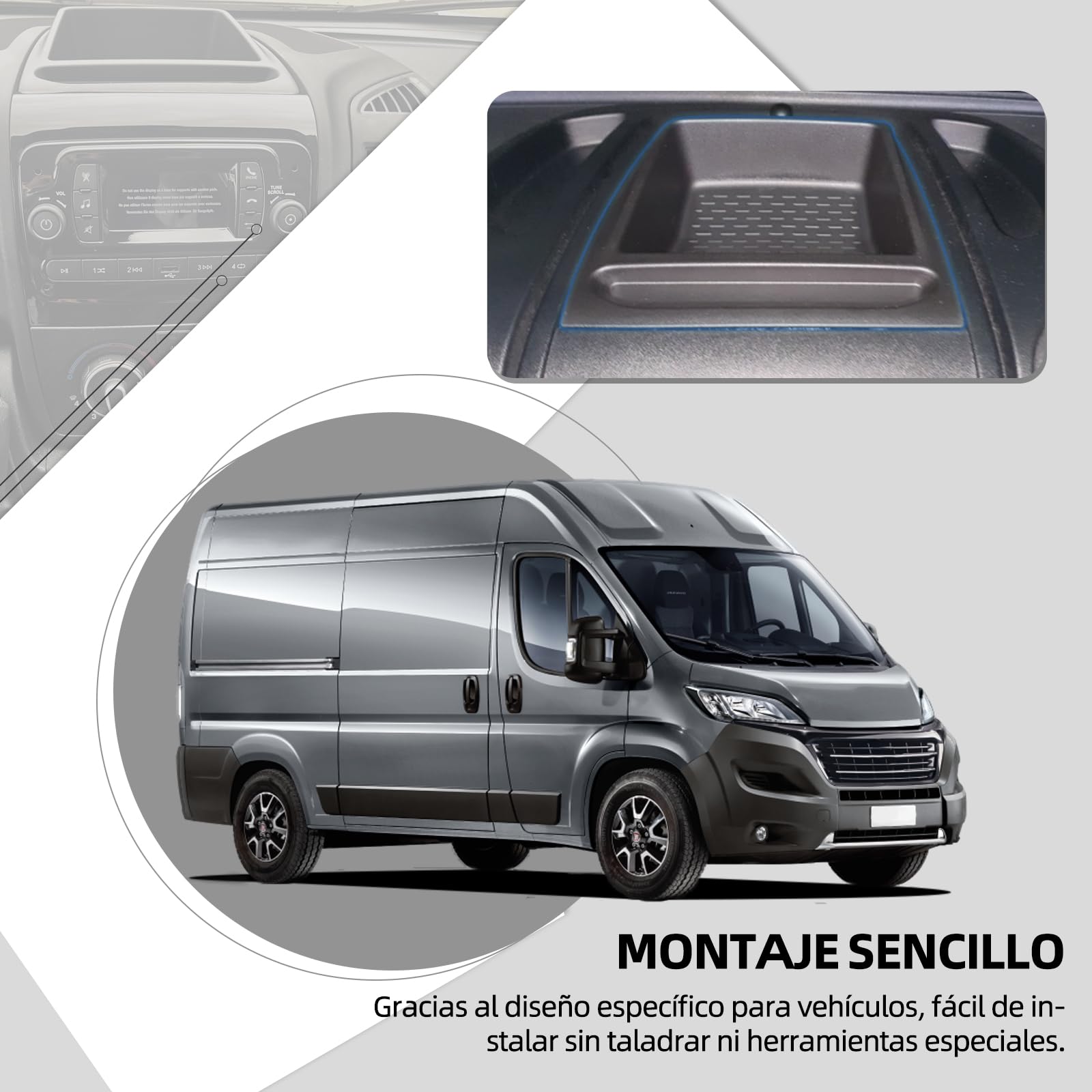 Caja de almacenamiento para tablero de instrumentos de auto, compatible con FIAT Ducato, Peugeot Boxer, Citroen Relay (2014+), material ABS negro, diseño antideslizante