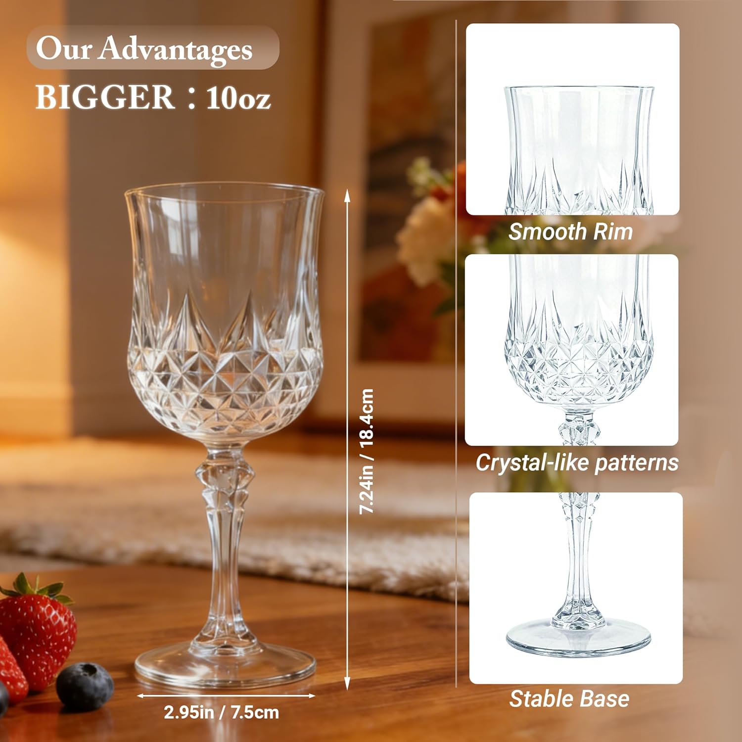 Plastic Wine Glasses, 10OZ Plastic Goblets Vintage Style Cordial Drinking Glasses for Wedding Reception, Grand Event Party Supplies(16, Clear) - Image 3