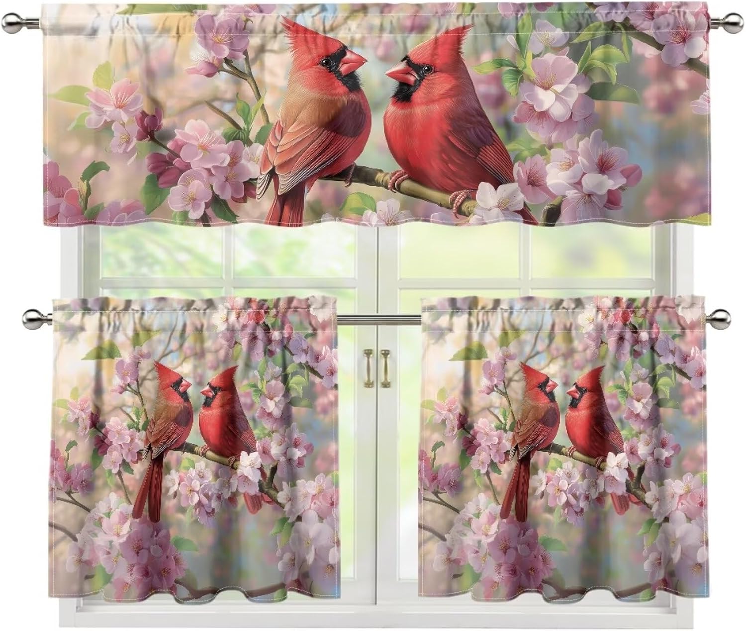 Kitchen Curtains Set for Windows Shade Curtains 3 Piece Drapes and Valances Set Rod Pocket Short Tier Curtain, Modern Small Drapes for Kitchen Decor Red Cardinal Bird