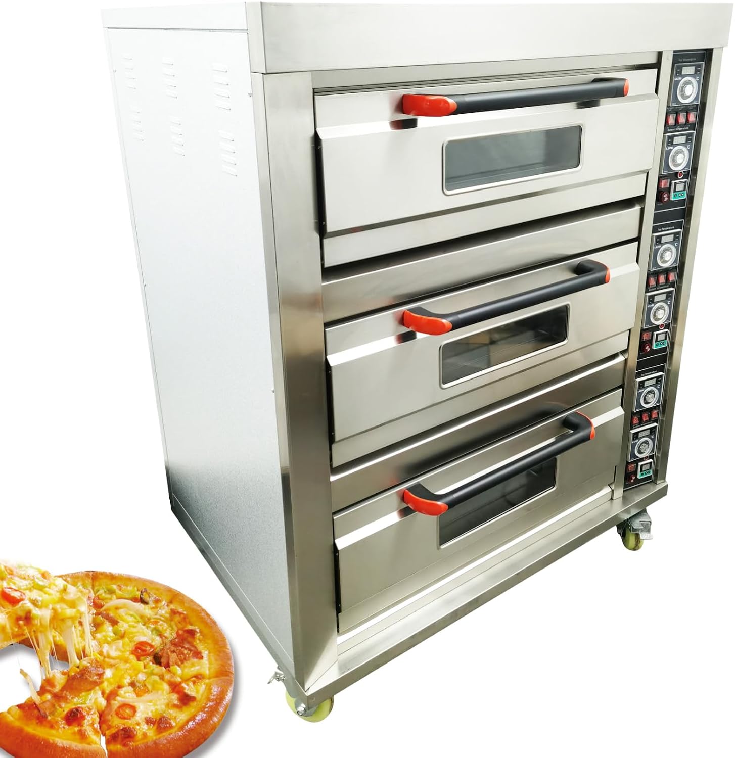 220V 3-Phase Commercial Electric Pizza Oven 19.8KW, Triple Pizza Oven with 6 Baking Sheets, 68-752°F (20-400°C), Stainless Steel Movable Heavy Duty Oven for Restaurant Bakery