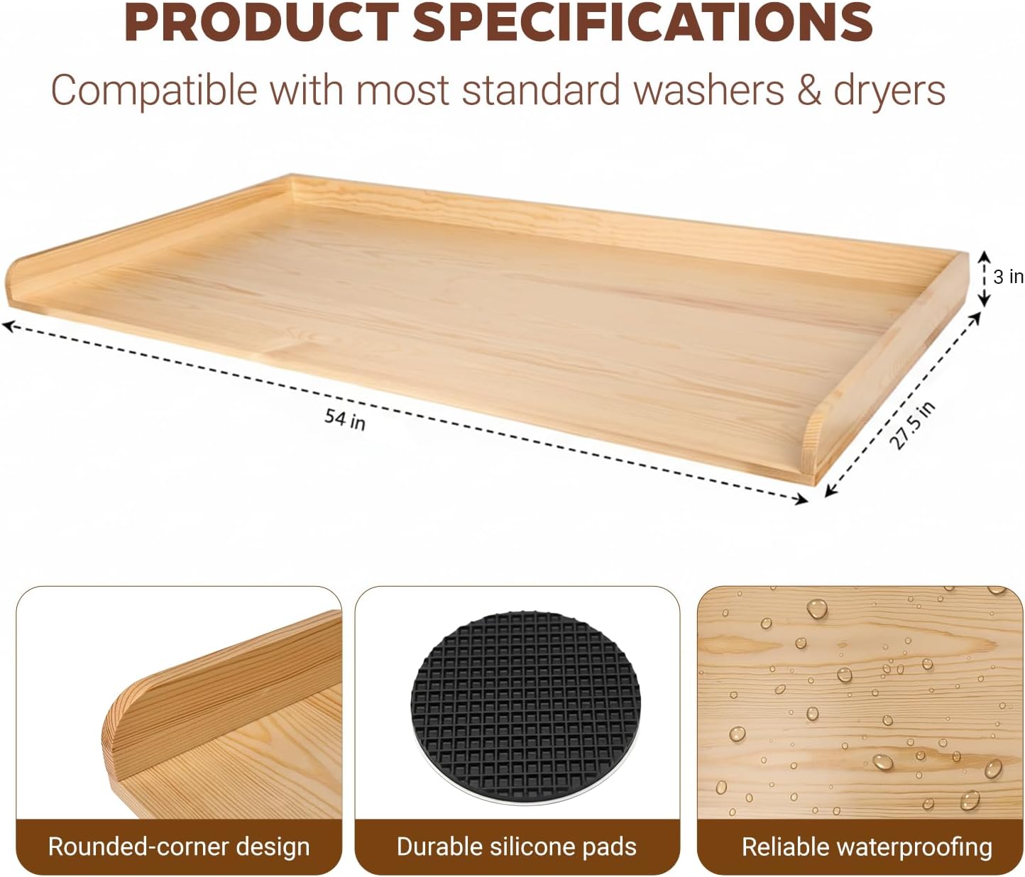 Laundry Room Washer and Dryer Countertop for Organization, 27.5 W x 54 L Solid Pine Wood Washer Dryer Countertop, Laundry Machine Topper with Edge Rails and Non-Slip Pads