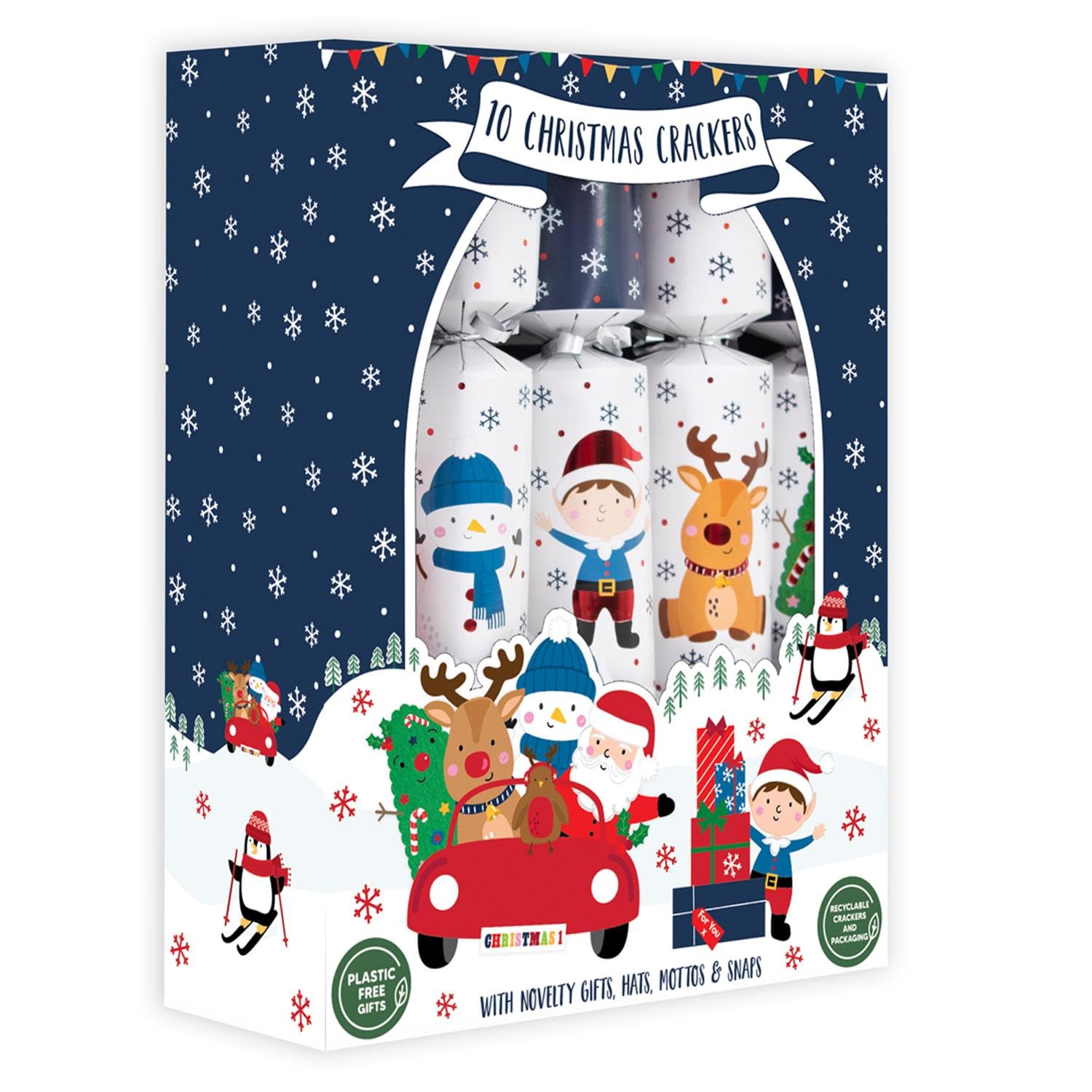 Yöl White Set Of 10 Christmas Crackers Santa And Reindeer And Blue Festive Table Decor Family Xmas Party