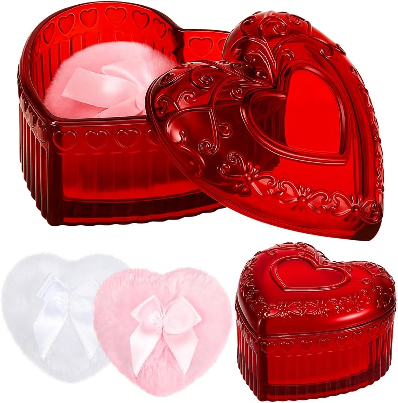 Tioncy Conjunto com 3 Peças para Pó, com Recipiente e 2 Puffs, Coração, Vermelho