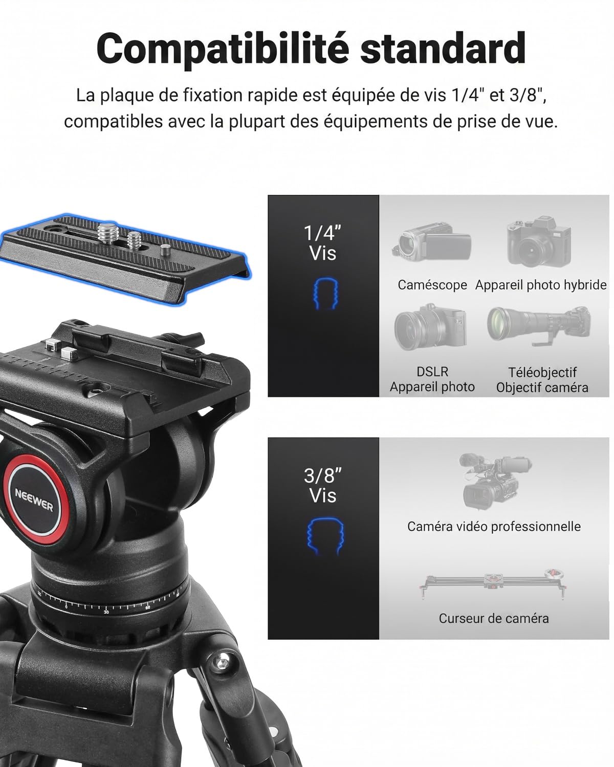 NEEWER Trépied Vidéo Pro 74 pouces avec Tête Fluide, Plaque QR Compatible avec DJI RS Gimbal, Trépied Robuste avec Poignée Télescopique Base d'Escalade pour DSLR, Max. 17,6 lb/8 kg, TP74