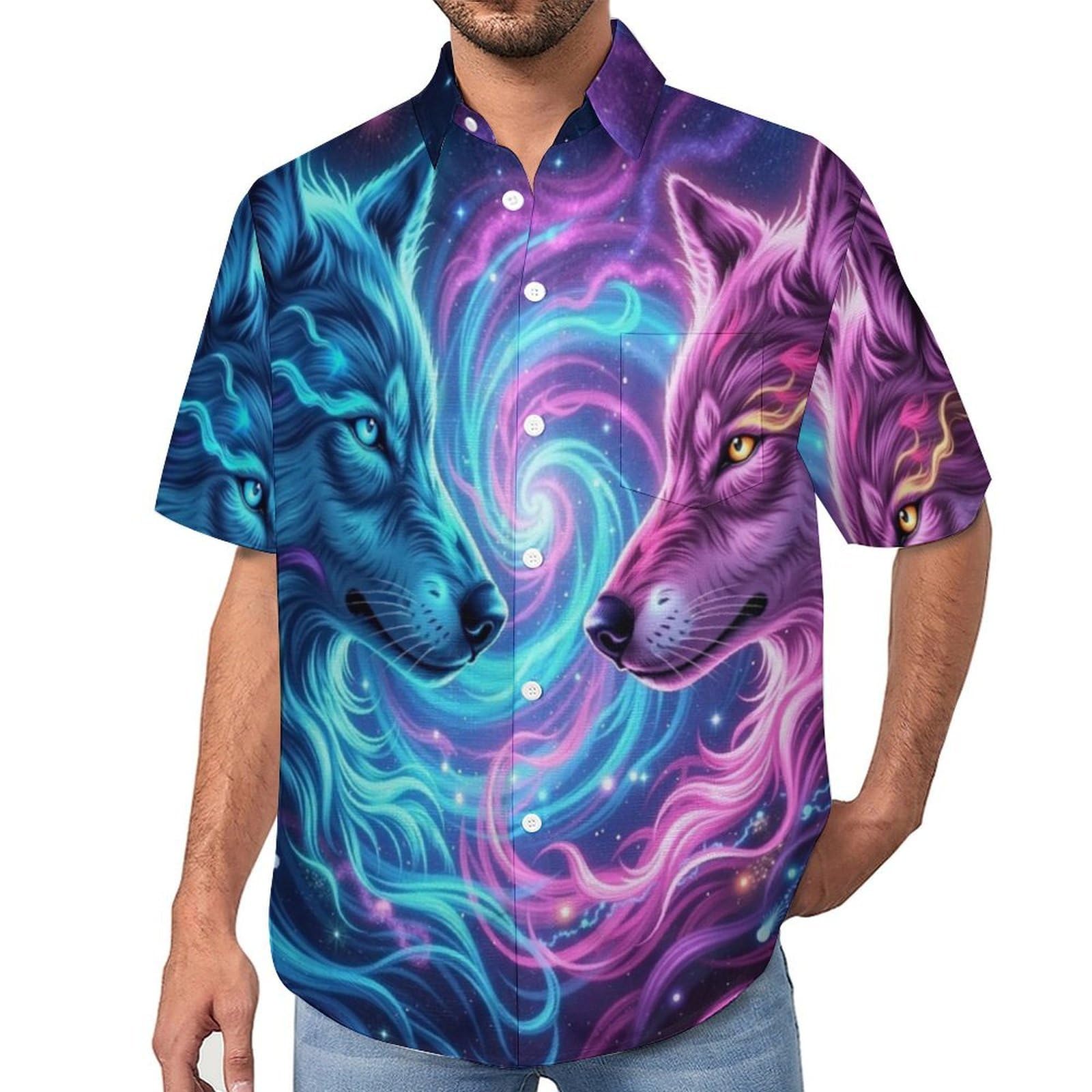 Camicie a Maniche Corte da Uomo - Camicie da Spiaggia con Stampa Lupo della Via Lattea Animali Fantastici, Funky Estiva Cool Camicia Hawaiana Monopetto Camicia S-5XL