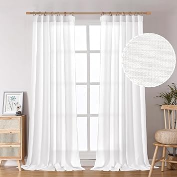 BGment 95 Inch Curtains 2 Panels, White Linen Burlap Textured, Light Filtering Rod Pocket and Back Tab Window Drapes for Living Room, Each 52 Inch Wide