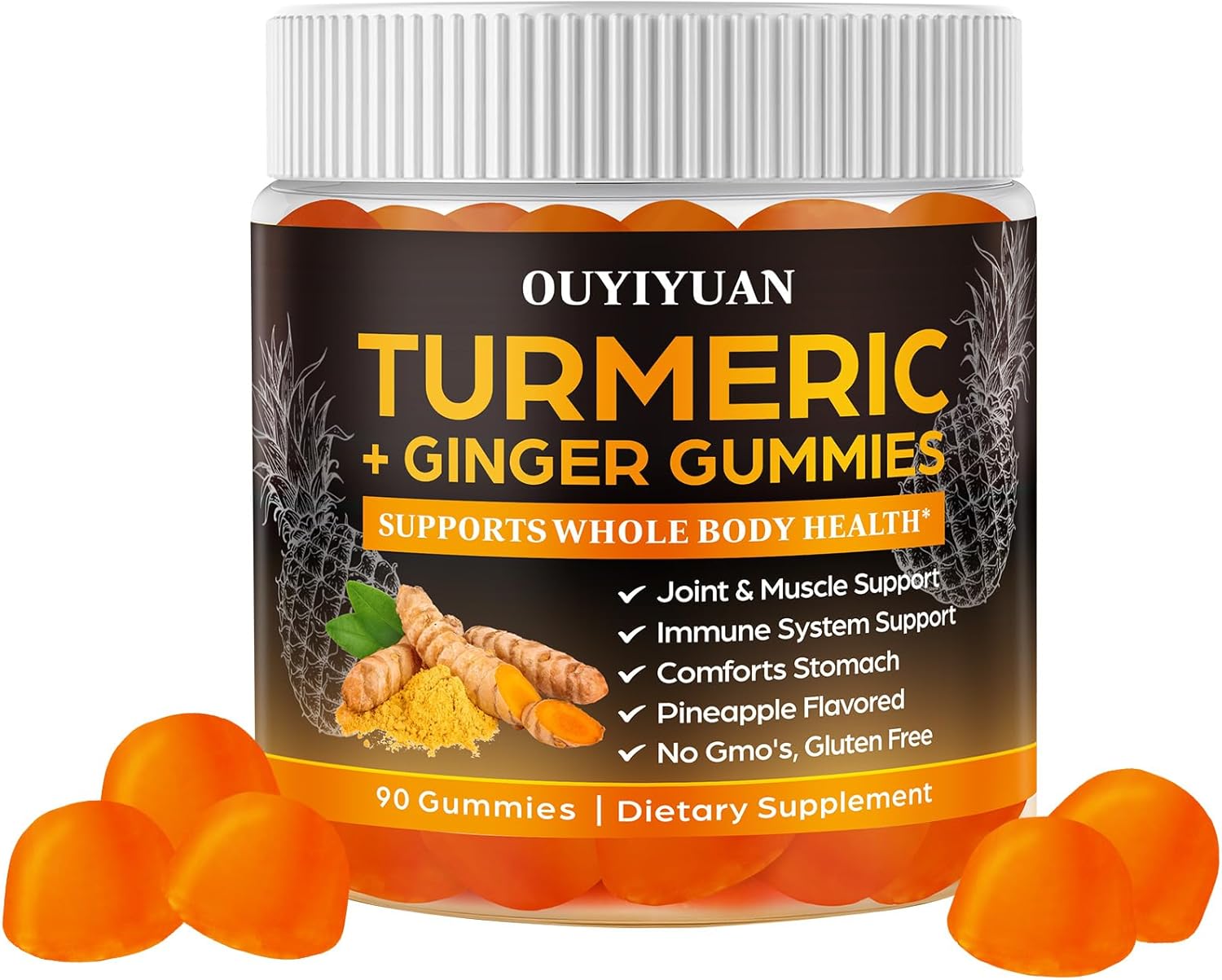 Turmeric Gummies, Joint & Muscle Relief + Immune Support, Natural Pineapple Flavor, Non-GMO Gluten-Free, 90 Gummies