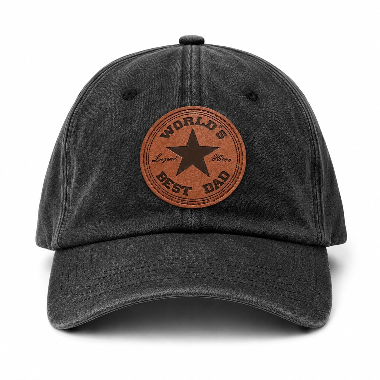 Dad Hat for Men, Washed Cotton Baseball Cap with Brown Leather Patch, Adjustable