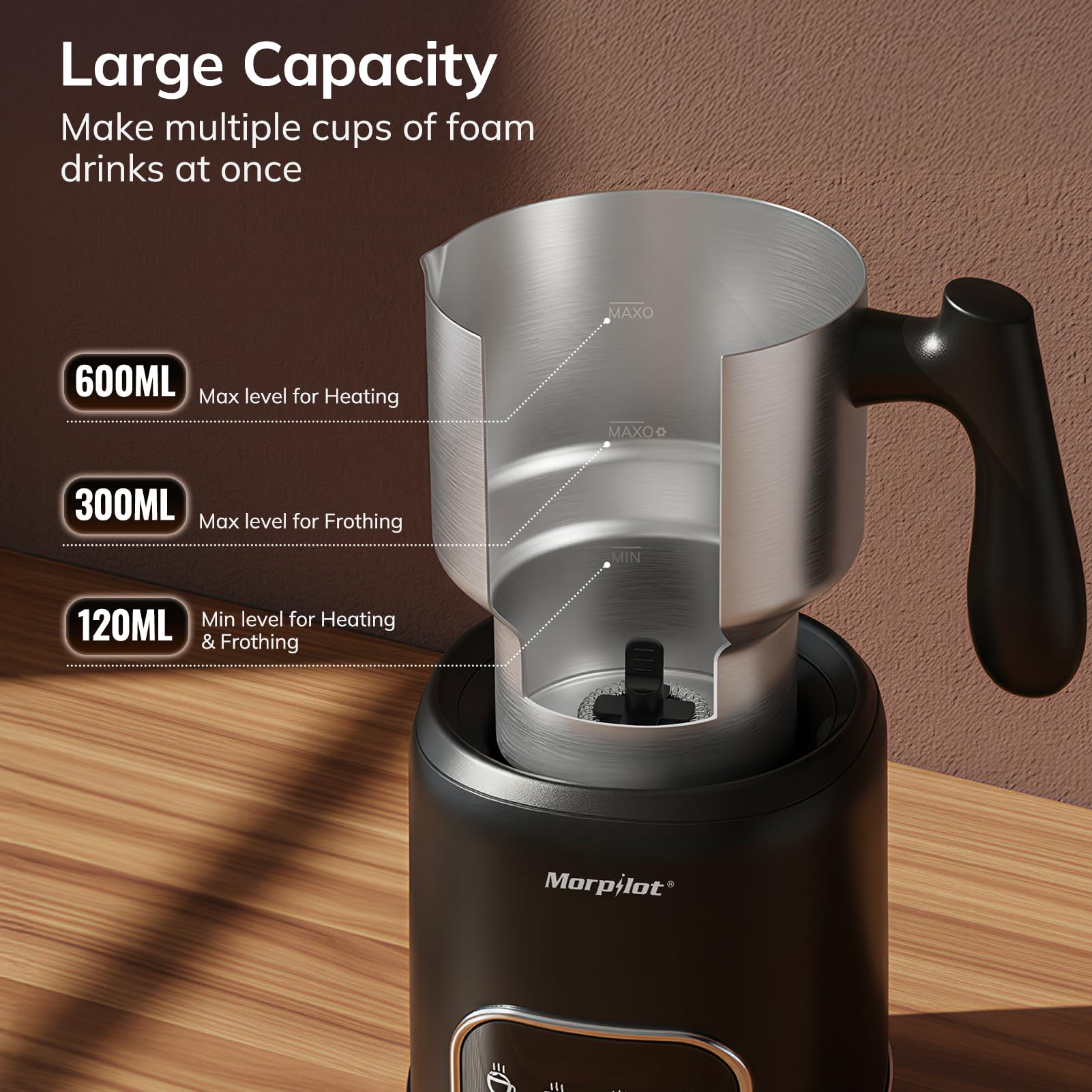 Morpilot Milchaufschäumer Elektrisch 4 in 1, 120-600ml, 550W, Milchschäumer für Heißer und Kalter Milchschaum und Schokolade, Antihaftbeschichtung, Leicht zu Reinigen, Edelstahl
