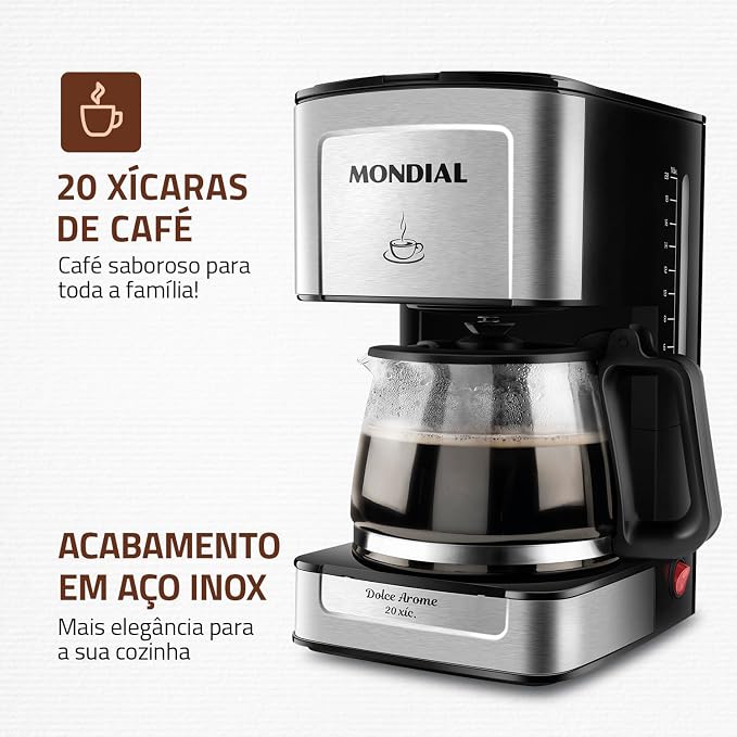 Infográfico destacando a capacidade de 20 xícaras de café e o acabamento premium em aço inox