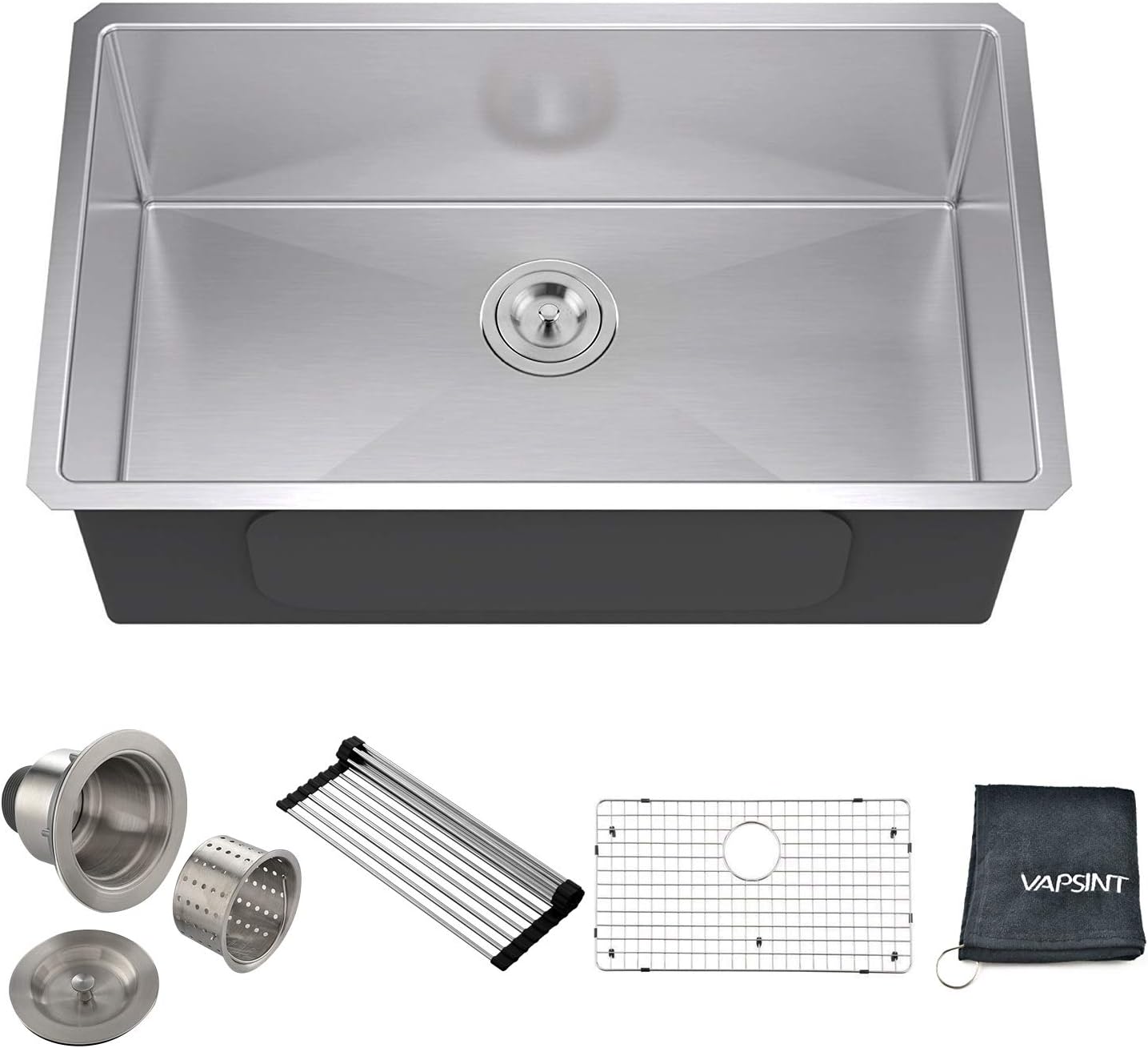VAPSINT Commercial Durable Real 30 Inch Farmhouse Handmade Stainless Steel 18 Gauge Undermount Single Bowl Stainless Steel Kitchen Sinks, Satin Kitchen Sink with Strainers and Grid