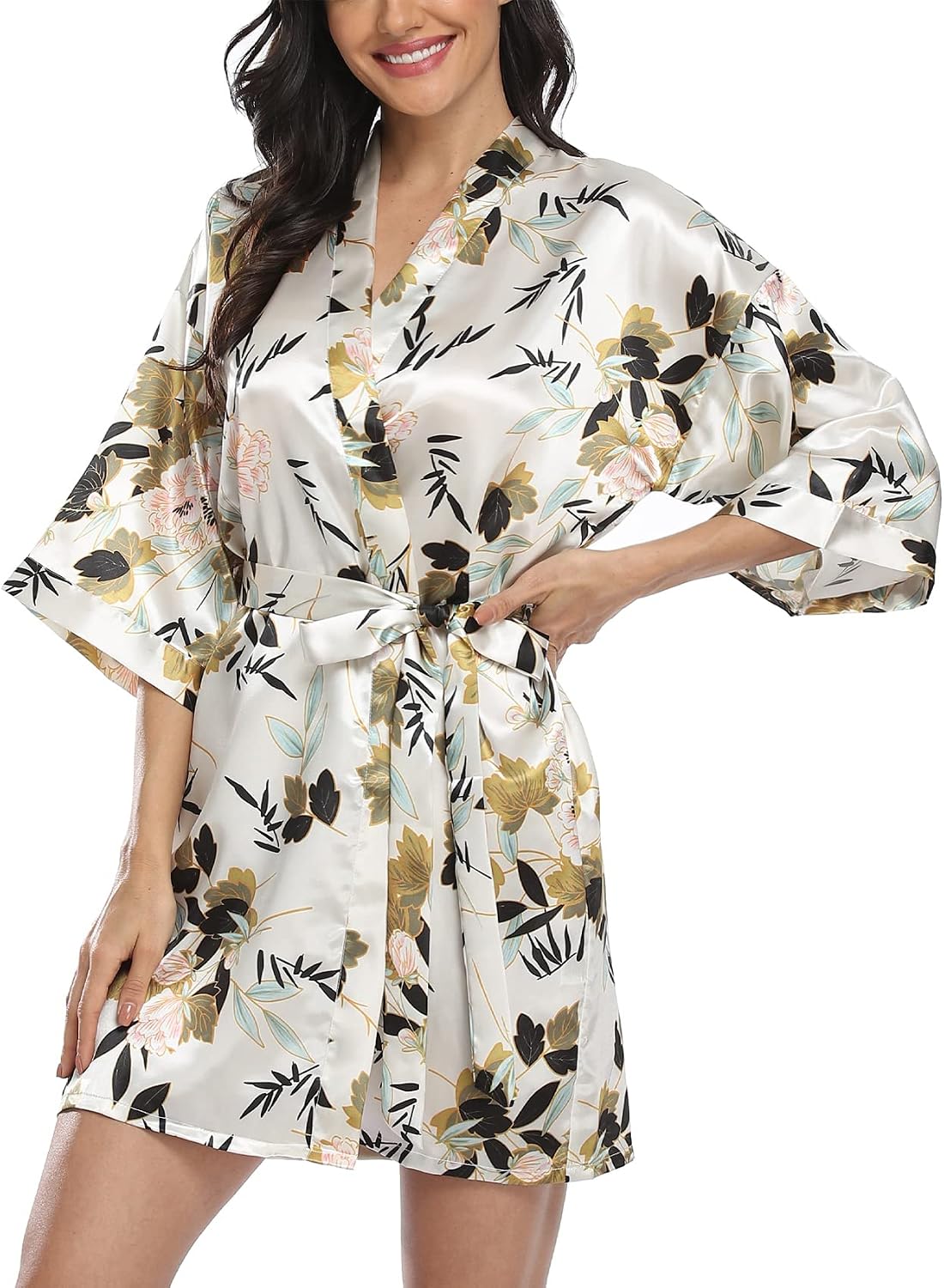 Women's Floral Satin Robes Plus Size Kimono Bride Bridesmaid Bridal Party Getting Ready
