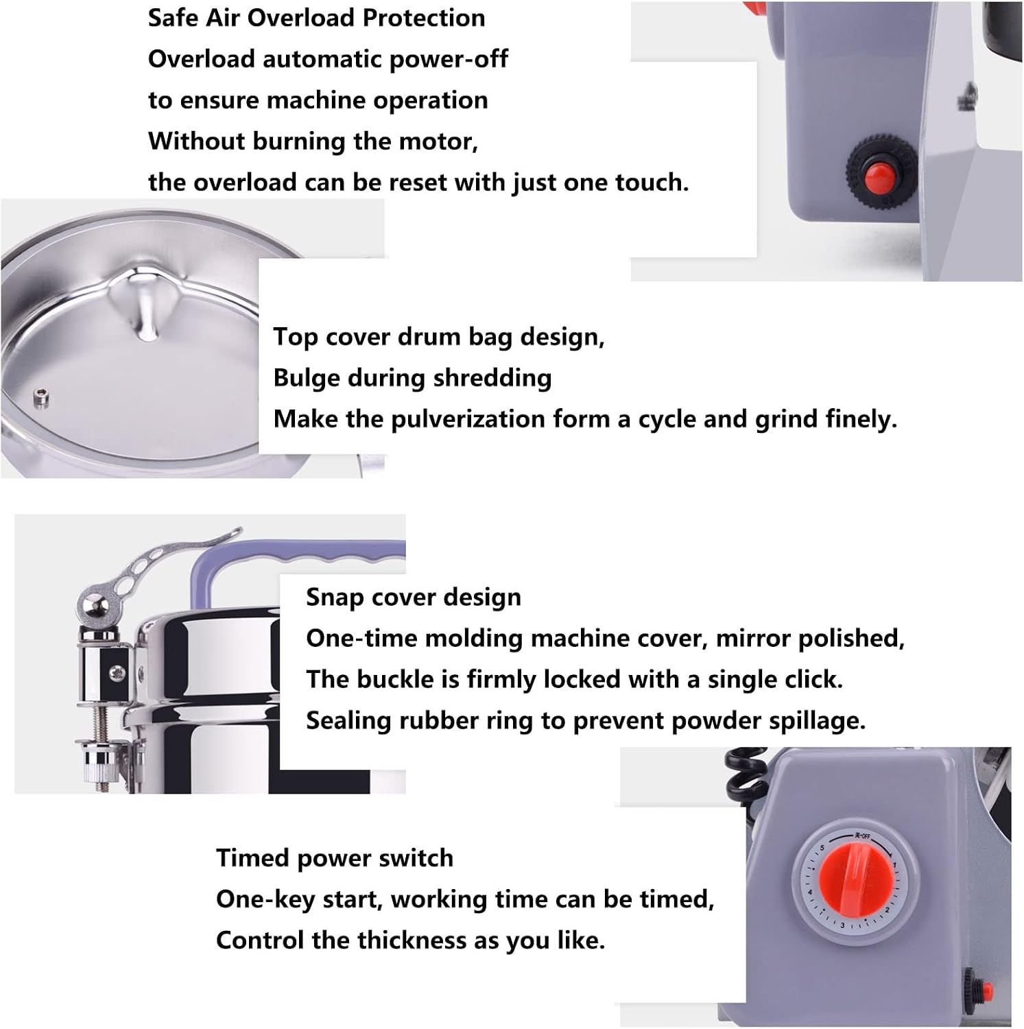 PAHION Electric Grain Grinder Swing Type Stainless Steel 6-Blade Spice Mill High Speed Dry Herb Pulverizer with Timer Overload Protection 0-3Min 28000RMin 1800W for Cereal Bean Seed Nut Spice Pepper