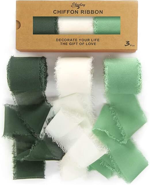Chiffon Ribbon Fringe Gift Ribbon 3 Rolls 1.5" Wide x 7 Yd Cream Green Ribbons Set for Wedding Decor, Bridal Bouquets, Han...