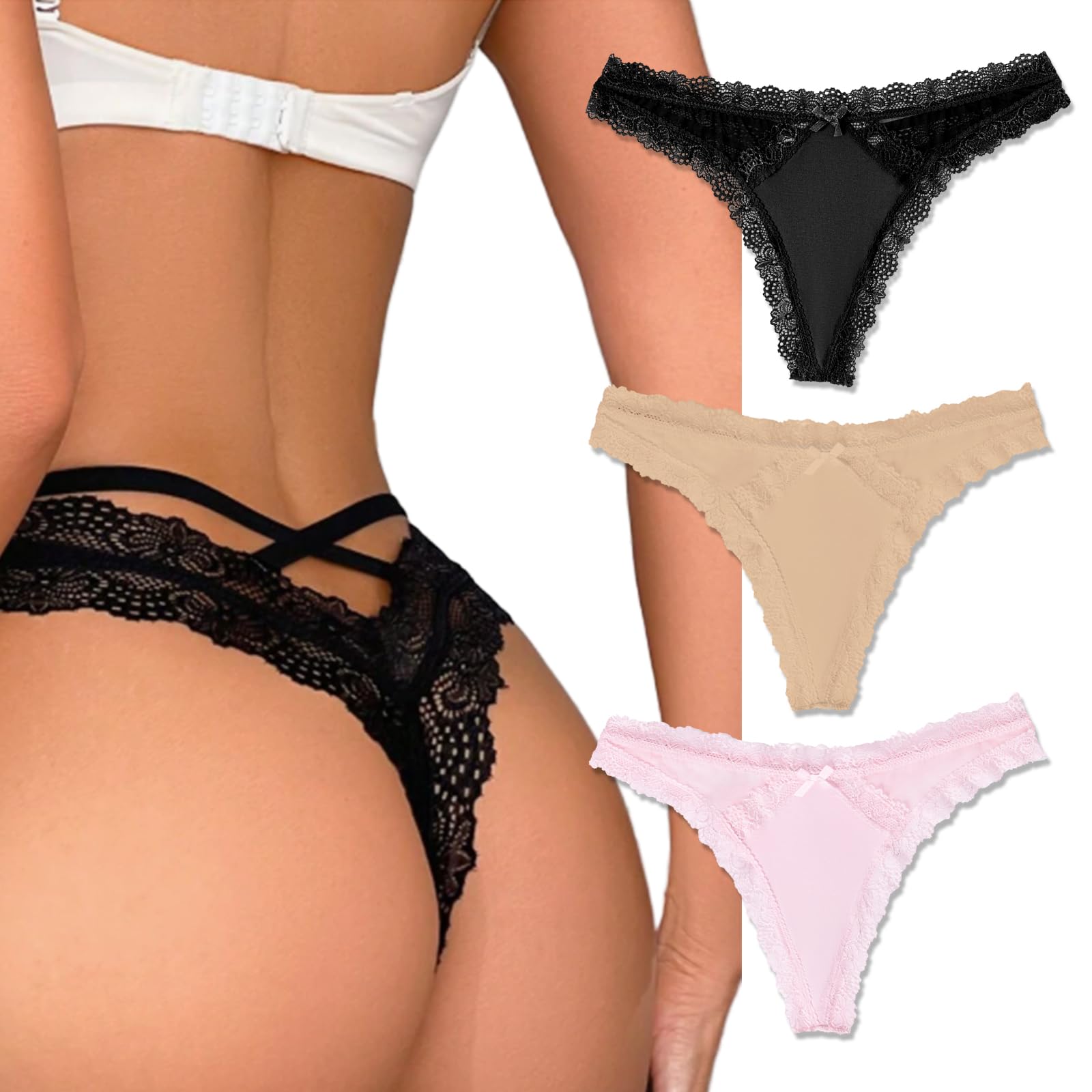 Avidlove Lot de 1 à 3 tangas sexy en dentelle pour femme Taille basse avec dos croisé