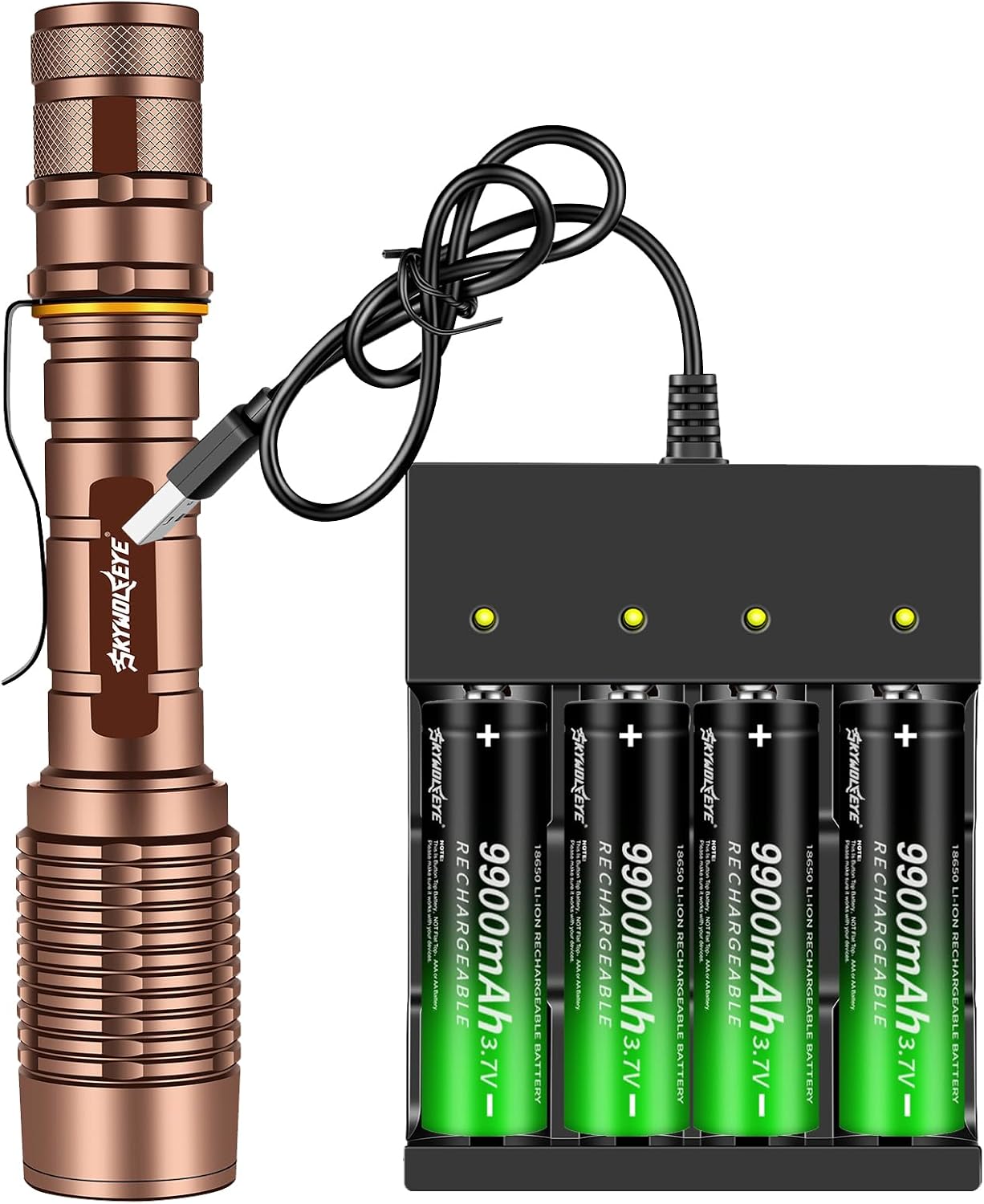 4 Pack 1￵8￵6￵50 Rechargeable Batter￵y W￵i￵th 18650 Battery Charger Bright Led Flashlight, Universal Charger for Rechargeable 3.7V Li-ion Batteries 18650 26650 14500 10440