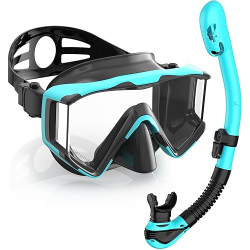 Greatever Snorkel Set Pano 3 Window Snorkel Mask Adult, Panoramic Wide View, Anti-Fog Scuba Diving Mask, Anti-Leak Snorkel Goggles Dry Top Snorkel, Professional Snorkeling Gear for Adults