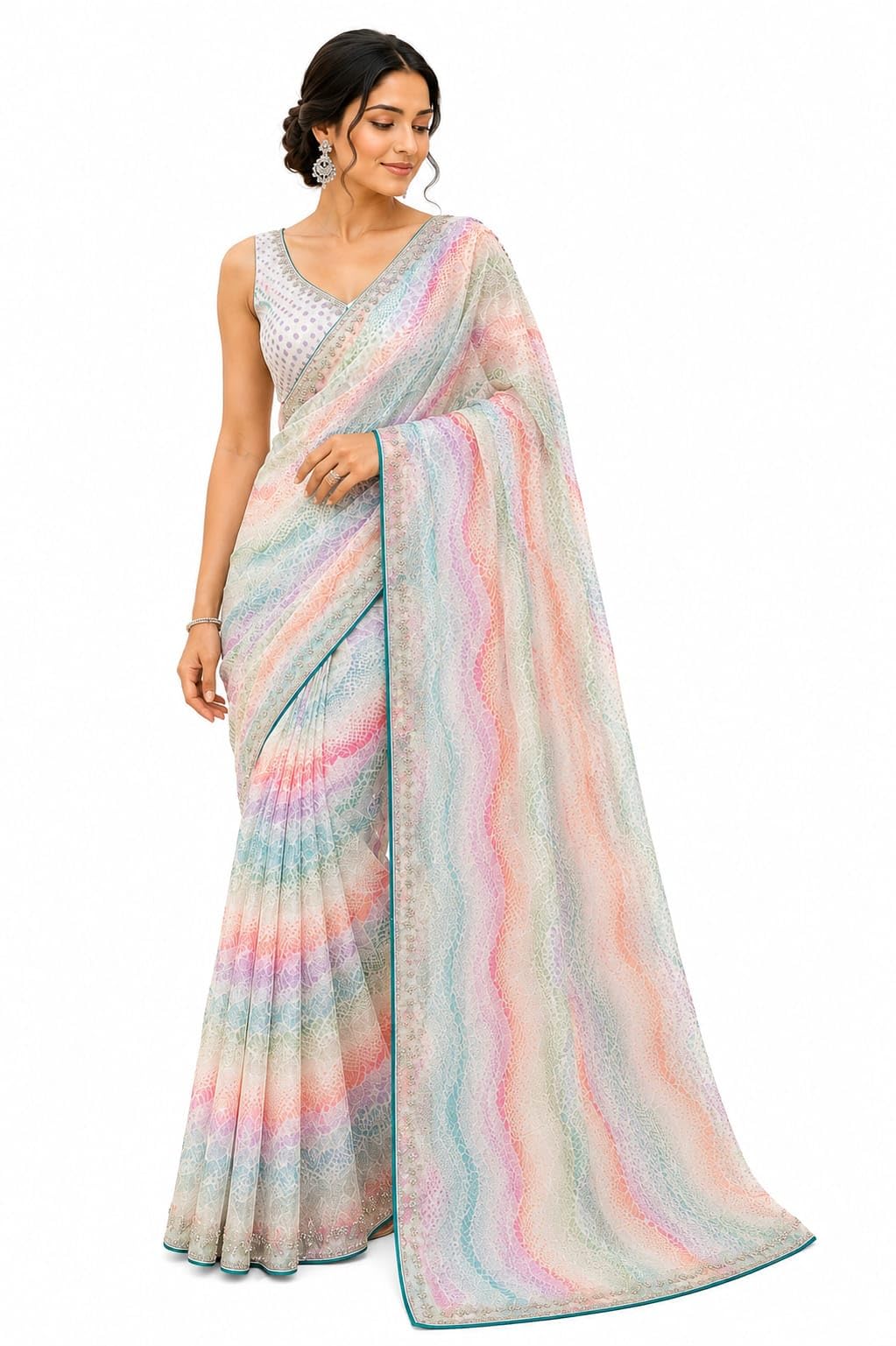 Fulwari-17 Premium Fendy Digital Print Saree for Women with Jarkan Work | Designer Saree with Running Blouse Piece | Soft Lightweight Pastel Multicolor Saree-image-49