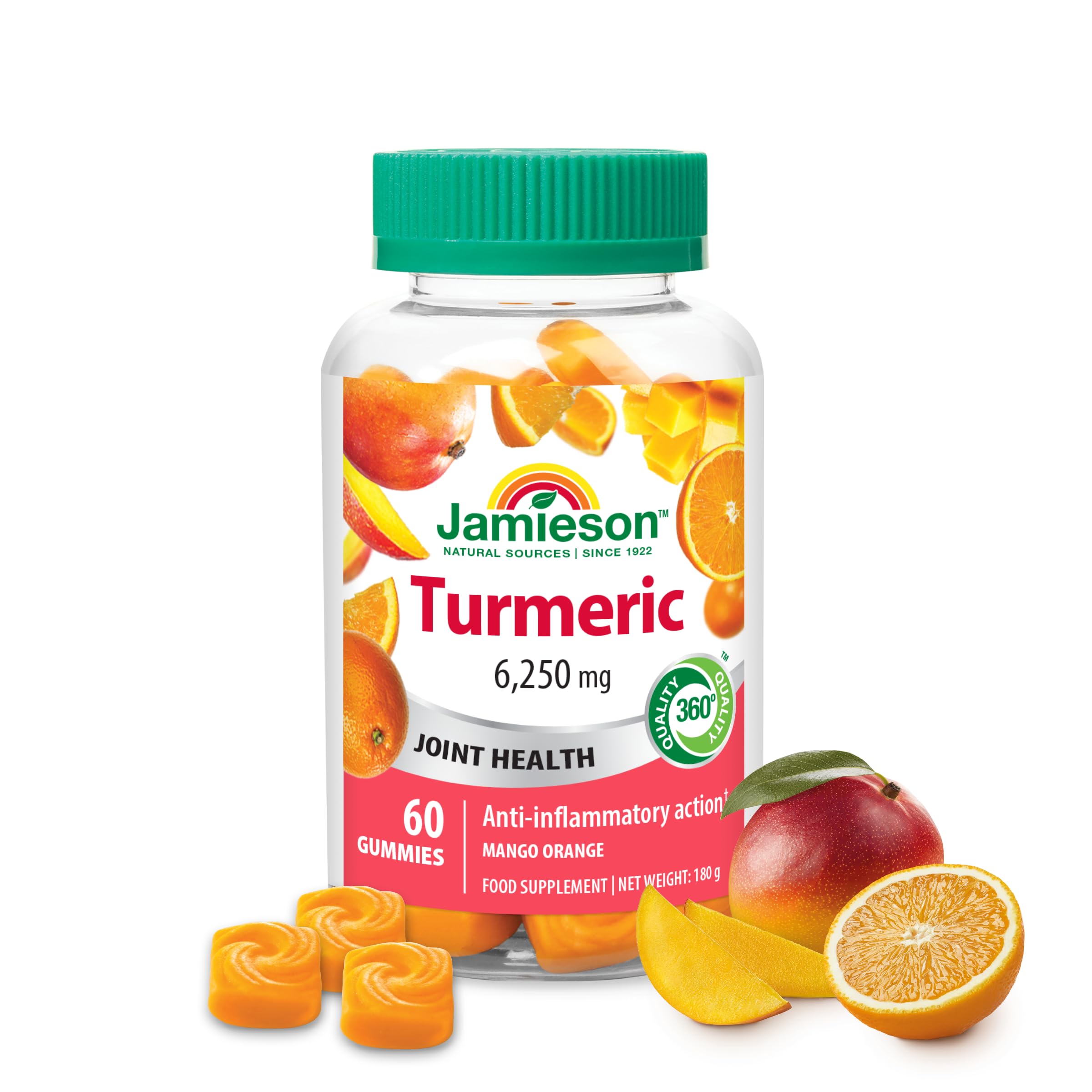 Jamieson Turmeric Gummies Mango Orange Flavour, High Potency Curcumin Provides Natural Joint Pain Relief and Anti-Inflammatory. Vegetarian, Gluten Free, Lactose Free. 60 Gummies