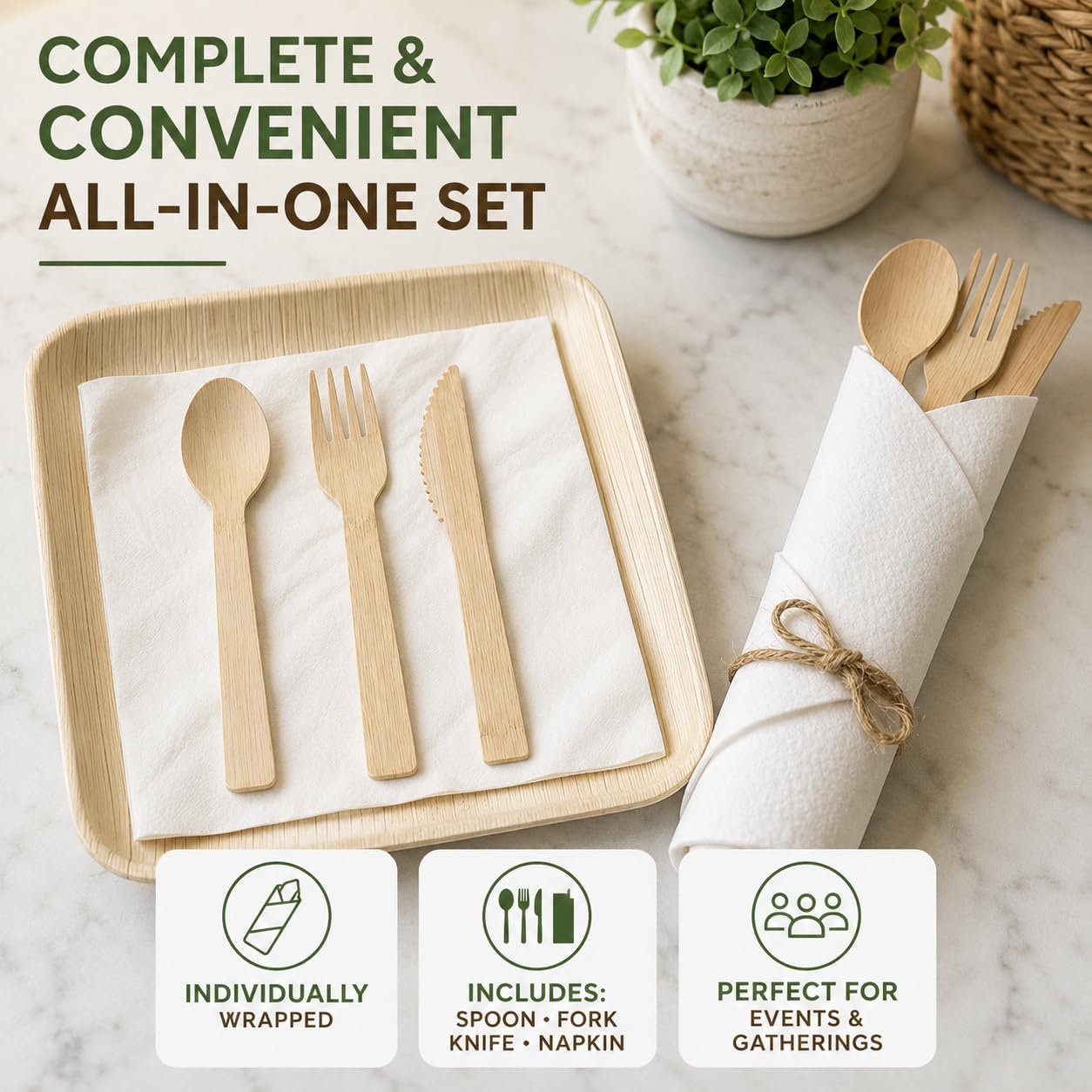 Premium Pre-Rolled Bamboo Cutlery 240 PCS Disposable Wrapped Wooden Cutlery with Napkins, Includes 60 Forks, 60 Knives & 60 Spoons, Heavy Duty Bamboo Silverware for Weddings, Catering & Events