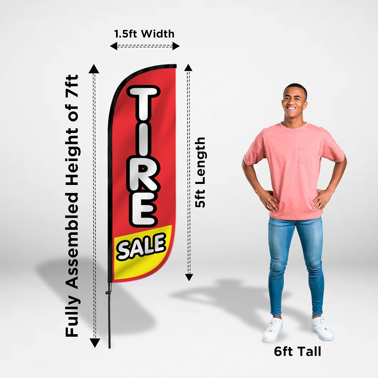 LookOurWay Feather Flag Set - 5ft Tall Advertising Banner Flag with Pole Kit and X-Stand for Business Promotion - Tire Sale