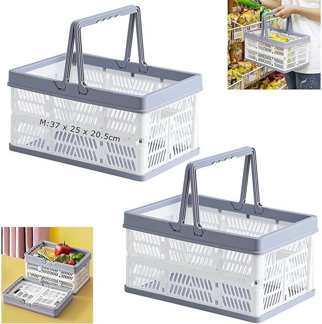 Ruucy 2 Pcs Collapsible Shopping Baskets with Handles, Stackable Plastic Storage Crates, Multifunction Folding Storage Box for Picnic, Shopping, Camping, Kitchen(37 x 25 x 20.5cm, White + Grey)