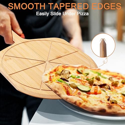 Miniatura 6 de Cáscara de pizza de bambú, 18.5 x 12.2 pulgadas con tabla de cortar de pizza de 12 pulgadas, espátula de paleta de pizza con 8 ranuras