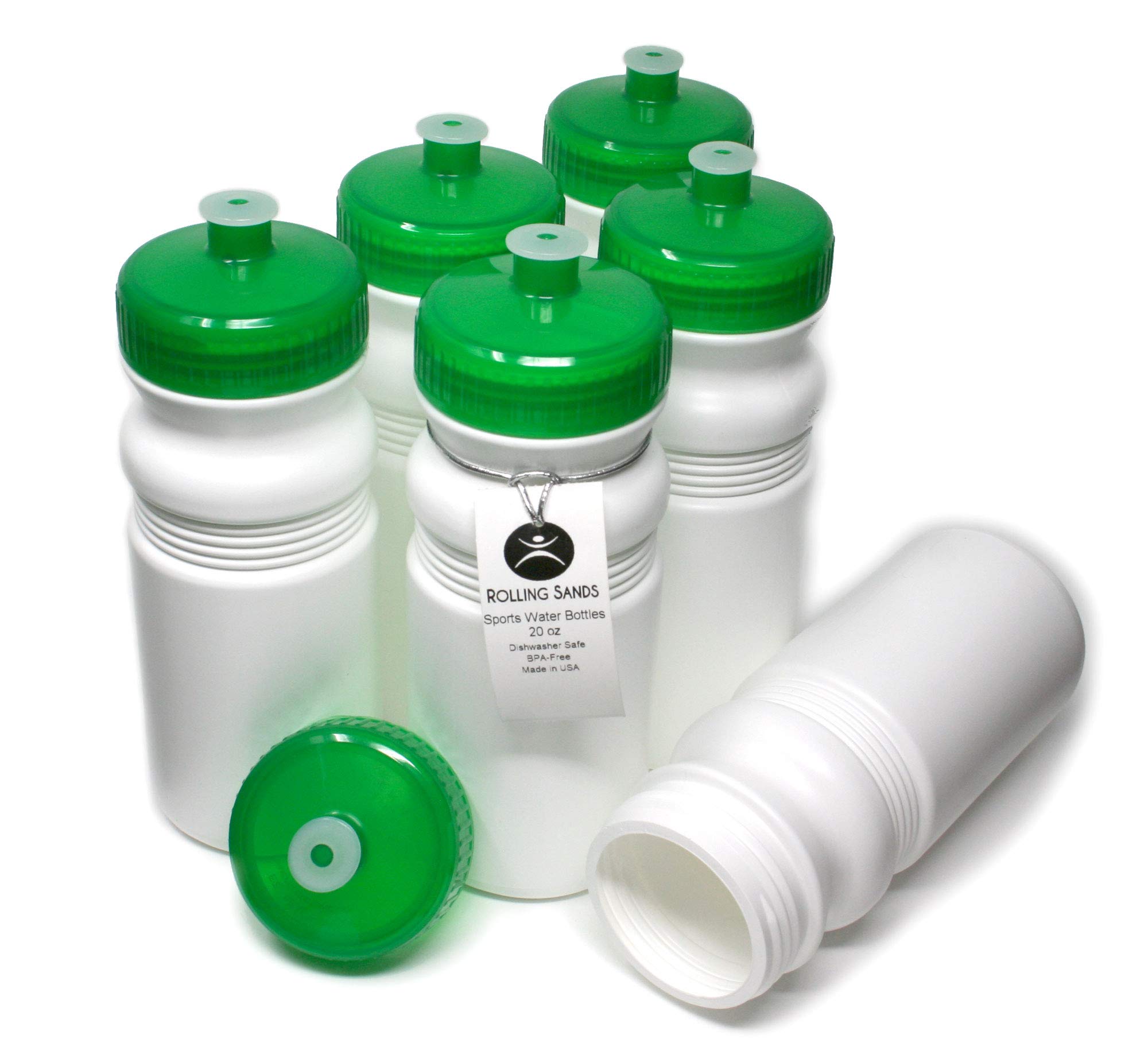 Rolling Sands USA Made 20 Ounce Sports Water Bottles - 6-Pack BPA-Free Blank Sports Bottles for Small Teams, Adults & Kids - White Bottle/Green Lid,