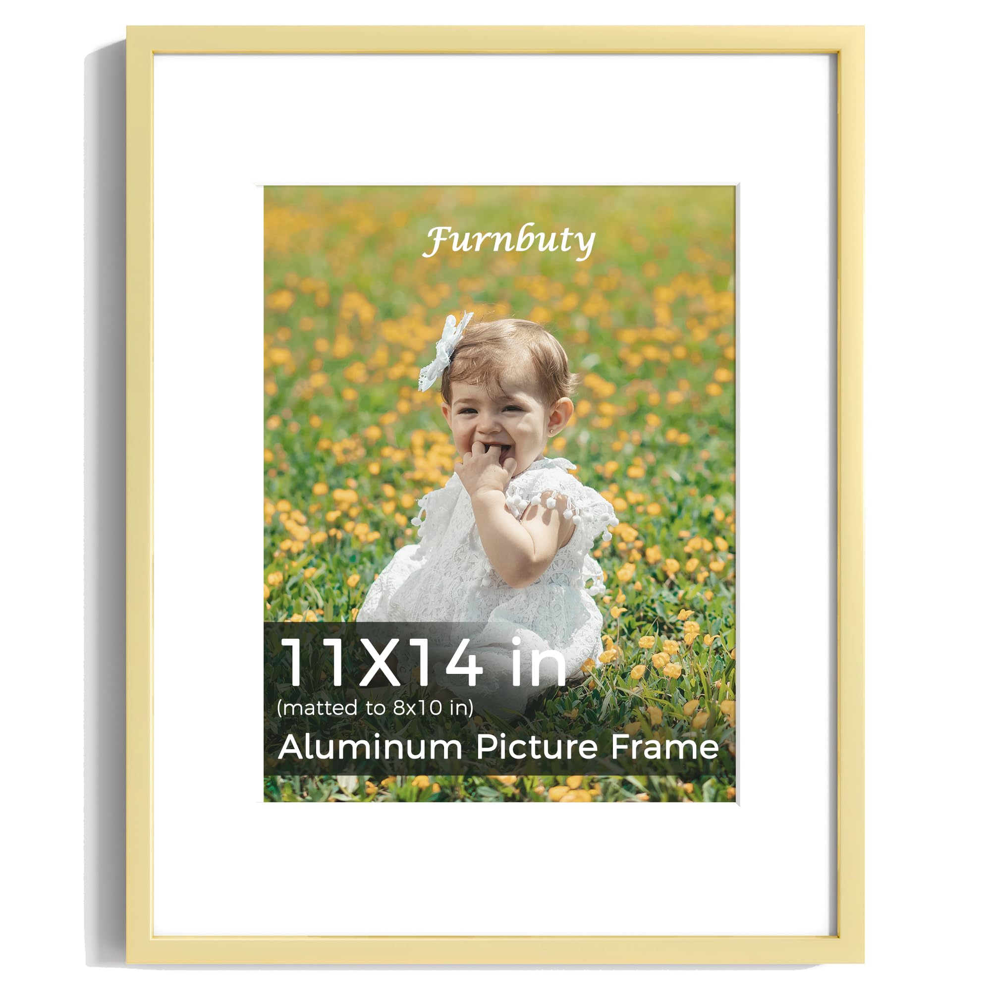 11x14 Picture Frame Gold, Aluminum 11x14 inch Frame HD Acrylic with Mount for 8x10 Photo, Wall Mountable Picture Frames for Photos Art Print Posters Certificates, Home Office Gallery, Wall Décor