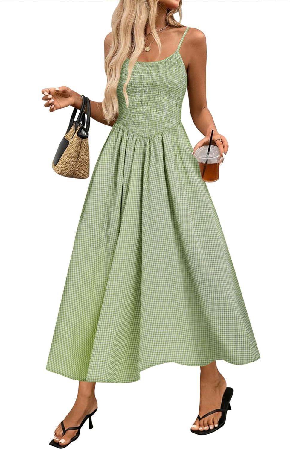 Relipop Women's Summer Midi Dresses 2026 Casual Plaid Sleeveless Spaghetti Strap Smocked Tiered Beach Sundress & Pockets