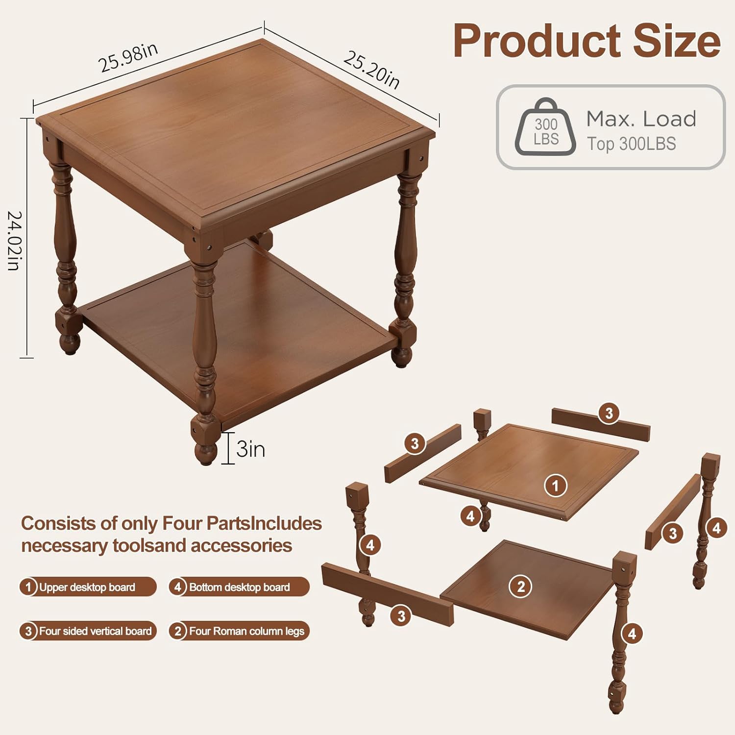 3-Piece Coffee Table Set, Vintage Solid Wood Living Room Table Set with 1 Center Table & 2 Square End Side Tables, 2-Tier Storage Shelf, Roman Legs, Dark Brown