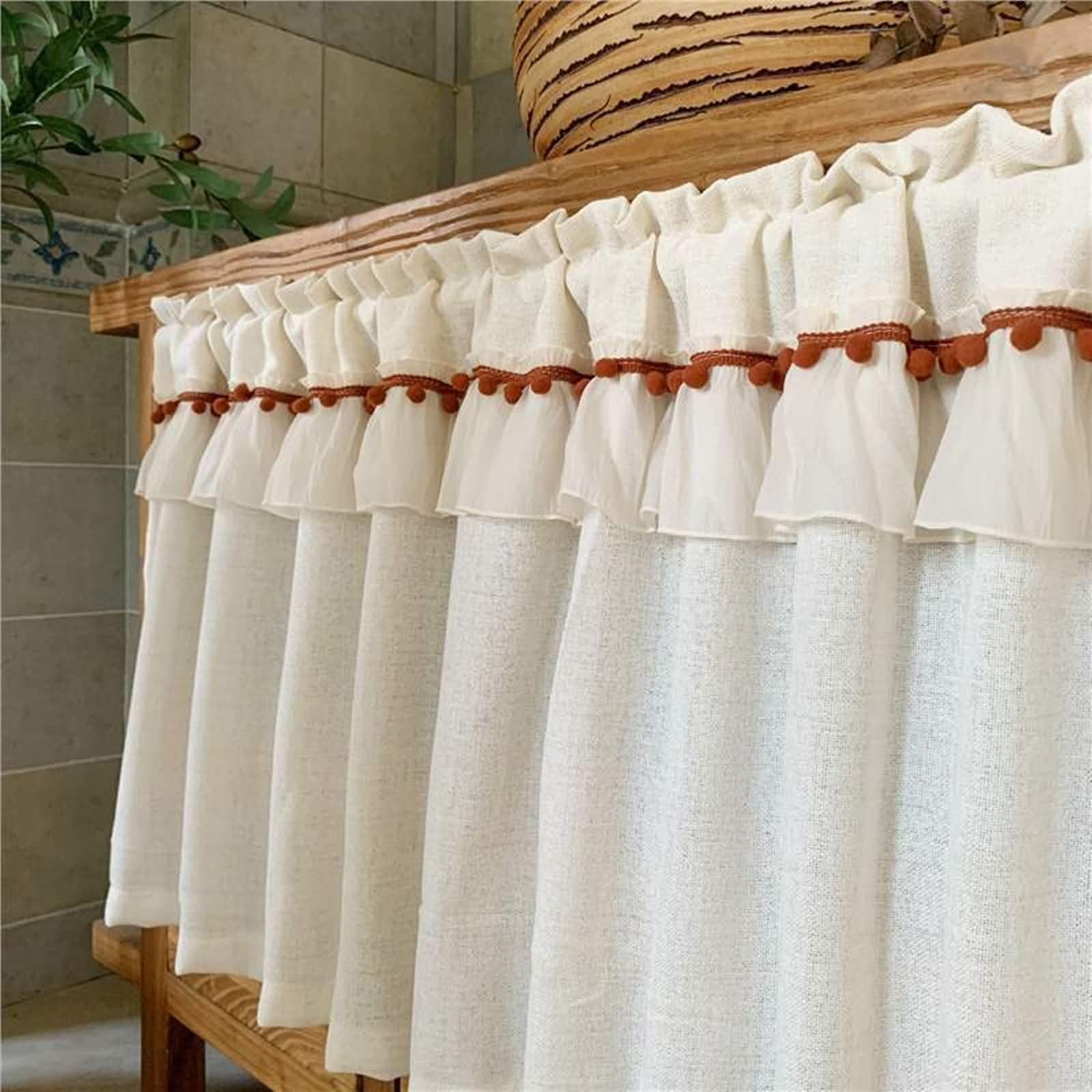 Küchen-Vorhänge 1 Stück Kurz,200 cm Breit,Klettverschluss | Einfarbig mit Pompon,Pflegeleicht Polyester,Lichtdurchlässig,Beige Weiß,200 x 100 CM