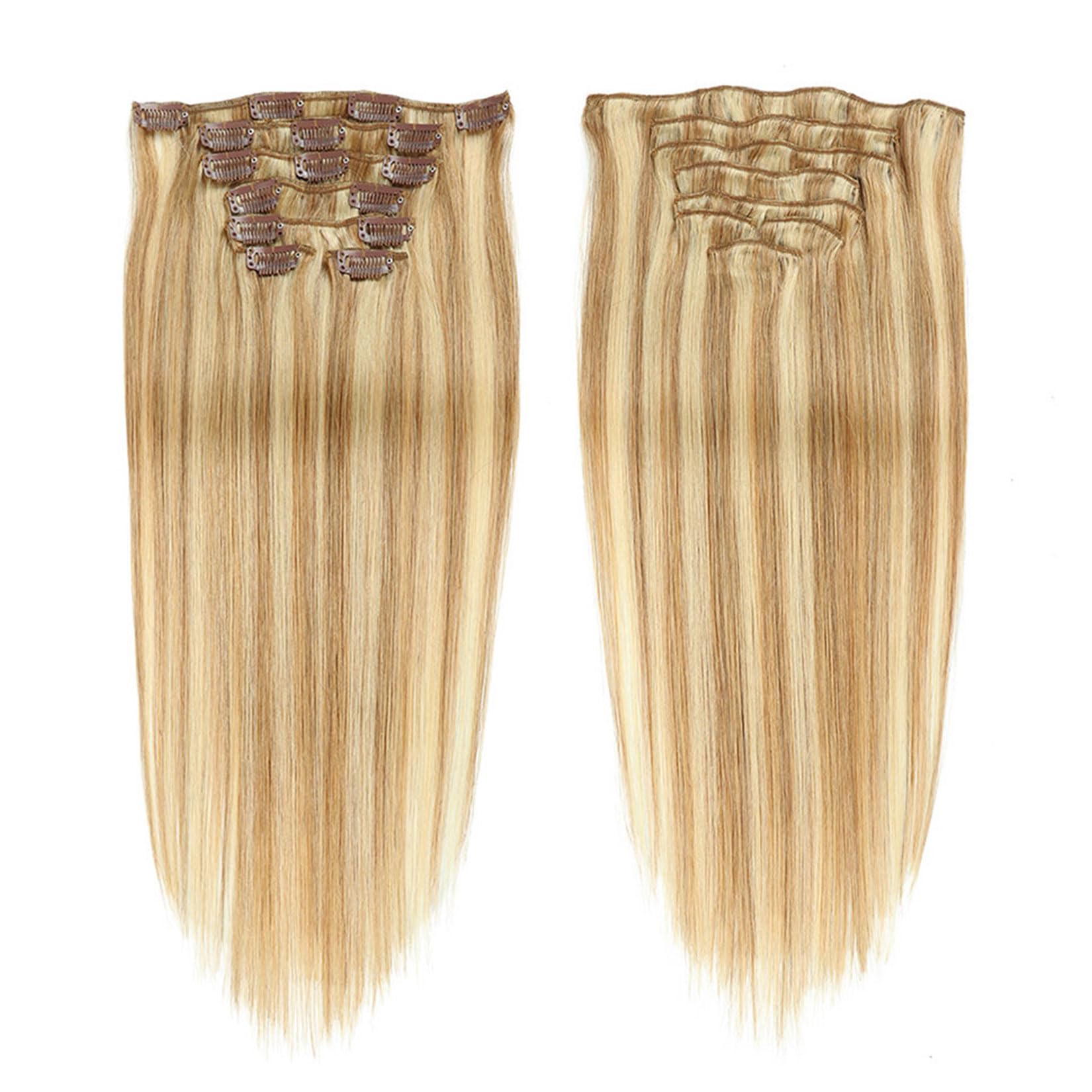Clip in Haarverlängerungen für Frauen, gerade nahtlose Clip in Extensions Menschenhaar, 7 Stück Set echtes Menschenhaar #27/613,14inch (35cm) 70g