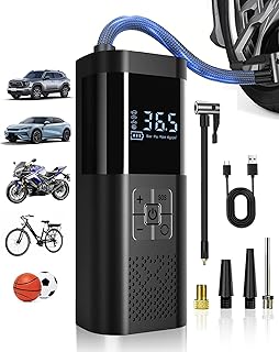 Compresseur à Air Portatif, Gonfleur Pneus Voiture sans Fil avec Jauge, Accessoire Voiture pour Hommes, Mini Compresseur 150PSI avec Lumière LED pour Voiture Moto Bicyclette Boule