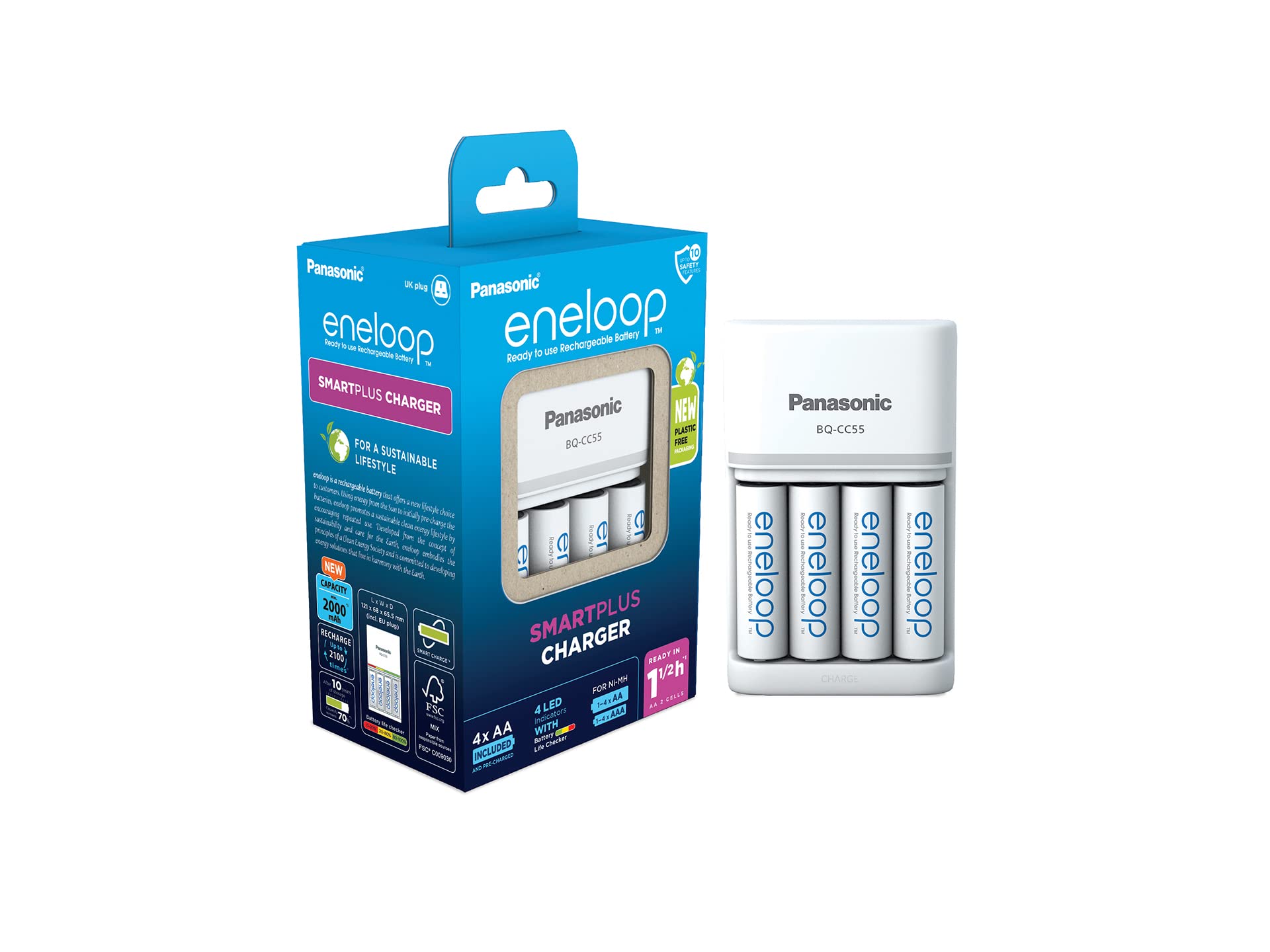 eneloop Caricabatterie SmartPlus per Batterie AA/AAA Ni-MH, Include 4 Batterie AA 2000mAh, Ricarica Rapida 1,5 Ore, con LED e 10 Funzioni di Sicurezza