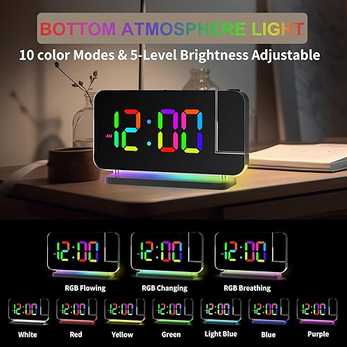 Miniatura 5 de Projection Alarm Clock for Bedroom Ceiling,RGB Digital Clocks Radio with 10 Colors RGB Night Light,Loud Alarm Clock for Heavy Sleepers,USB C Charger