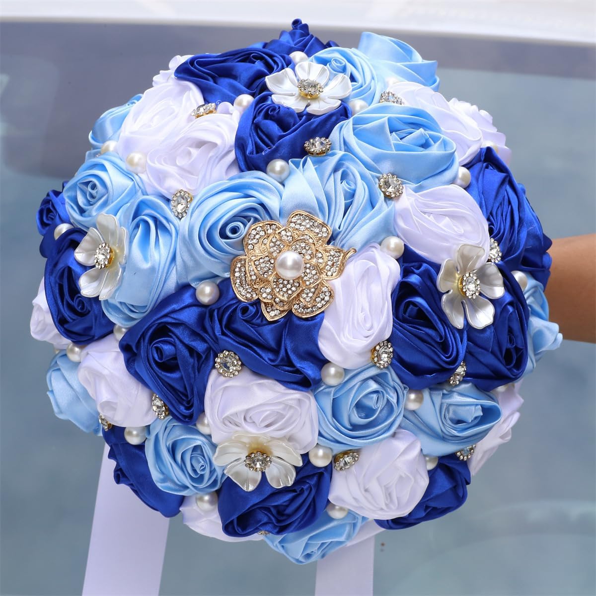 7.5" Ruby Red & Ivory Bridal Wedding Bouquet Round Bling Brooch Bouquet Throw Toss Artificial Rose Flower Bunch for Bride Bridesmaid Wedding Quinceanera