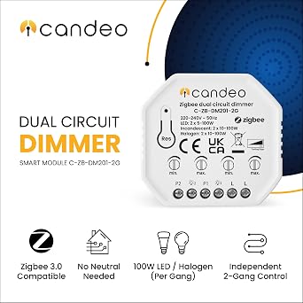 Dual Circuit Zigbee Smart Dimmer Switch Module -LED & Halogen | No Neutral Required | Compatible with Home Assistant, zigbee2mqtt & other zigbee hubs