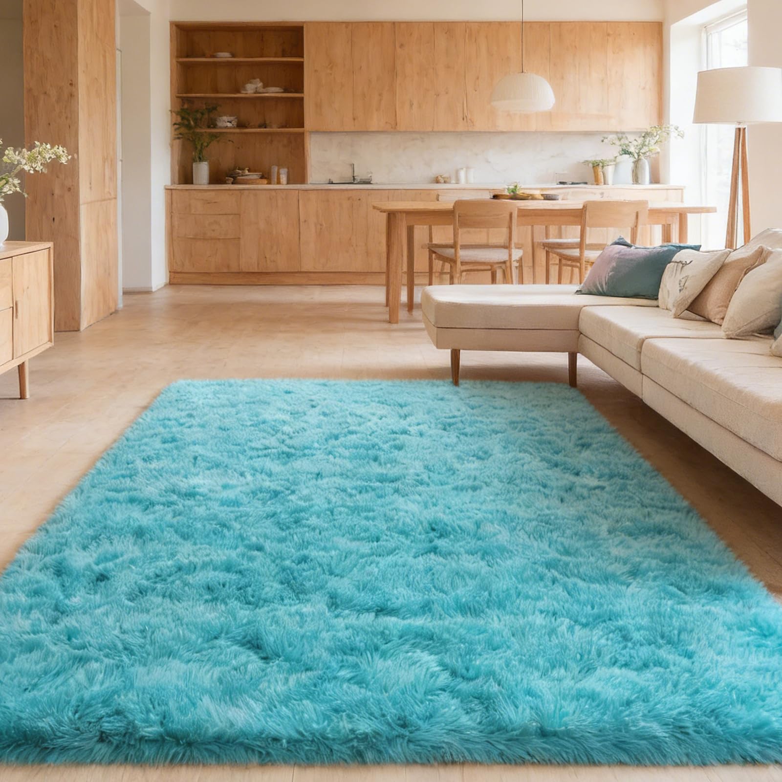 Alfombra mullida de pelo largo, color azul turquesa, 160 x 250 cm, antideslizante, ligera, estilo escandinavo, ideal para salón, dormitorio, habitación infantil