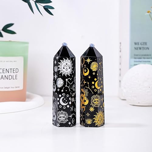 Miniatura 4 de Runyangshi 1 pieza de obsidiana de cristal natural de 3.54 a 3.94 libras de torre hexagonal dorada arenada estrella, luna y sol, patrón de una sola