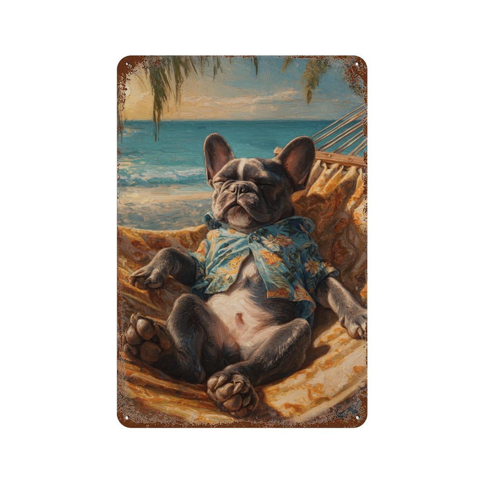 Vintage Rust Metal Sign Relaxing French Bulldog Hammock 11.8"x7.9", Shabby Chic Decor for Cafe, Home Bar And Lounge Decor