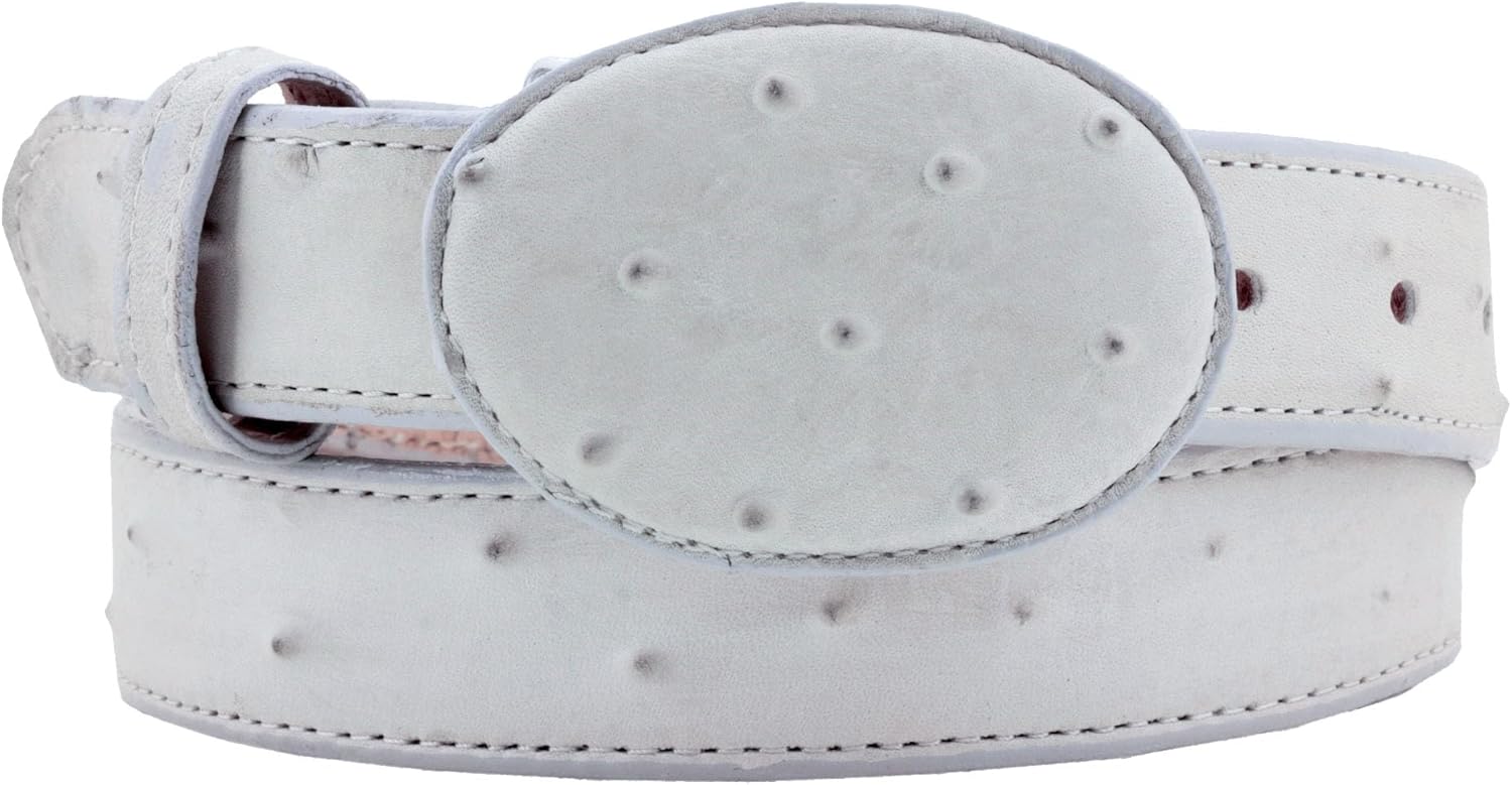 Mens White Ostrich Quill Print Leather Western Cowboy Belt Rodeo Buckle
