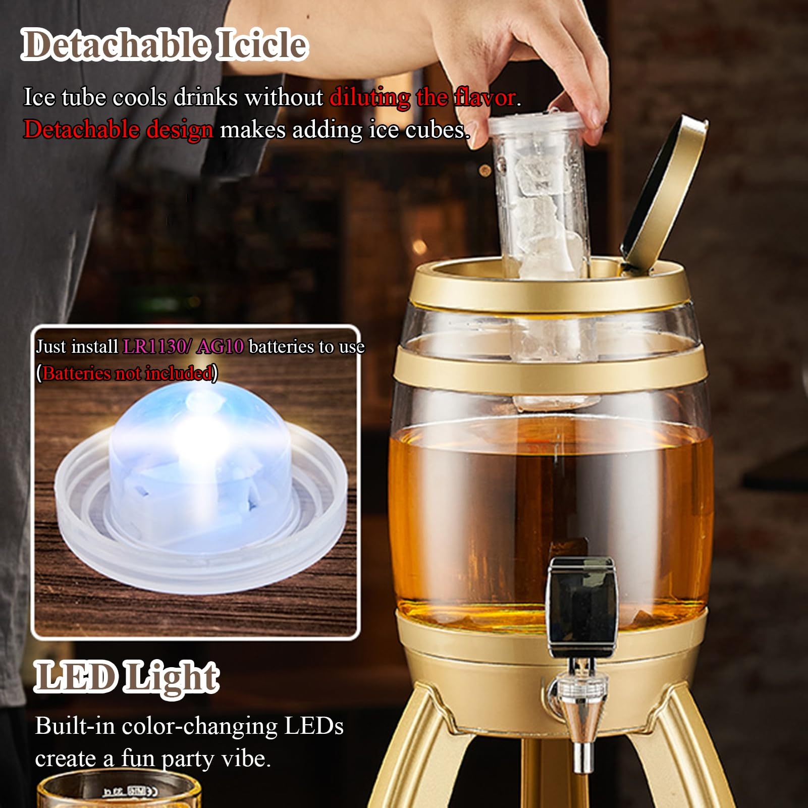 UrbanUp Dispensador de Cerveza Torre de Cerveza con Soporte Desmontable, Dispensador de Bebidas para Mimosa, Torre de Bebidas de 3 L para Mimosa, Enfriador de Bebidas Transparente y Brillante(Silver)