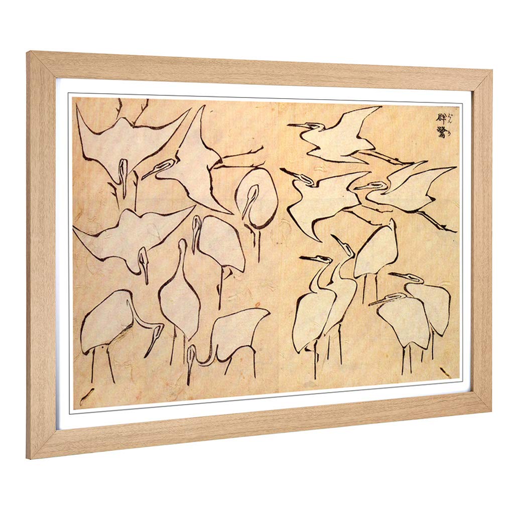 Big Box Art Framed Print of Hokusai Cranes Japanese Oriental Design | Wall Art Picture | Home Decor for Kitchen, Living Room, Bedroom, Hallway, Oak, A2 / 24.5x18 Inch / 62x45cm