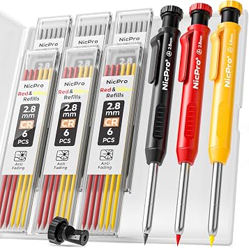 Nicpro 3 Pack Carpenter Pencil with Sharpener, Mechanical Carpenter Pencils with 39 Refills, Construction Pencil Heavy Duty Woodworking Pencils for Architect Red, Black, Yellow- With Case
