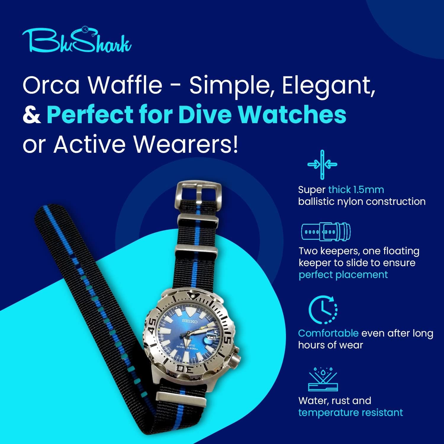 BluShark Orca Waffle Weave Nylon Watch Bands Multiple Sizes and Colors